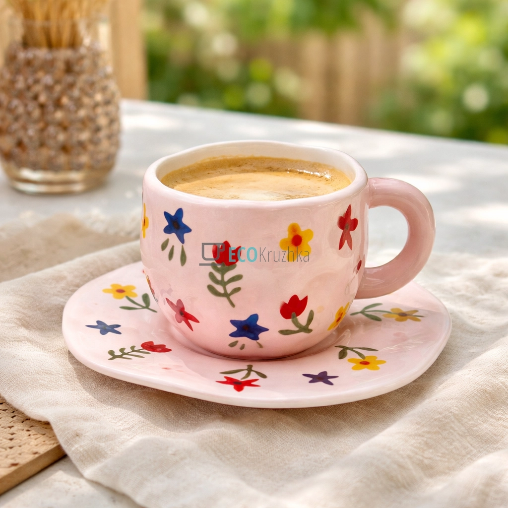 Порцелянова чашка з блюдцем 300 мл Квіткова рожева (8030-428)
