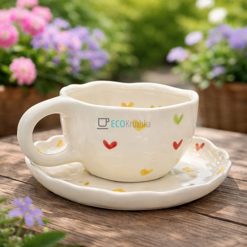 Порцелянова чашка з блюдцем 300 мл Мульти серця (8030-399)