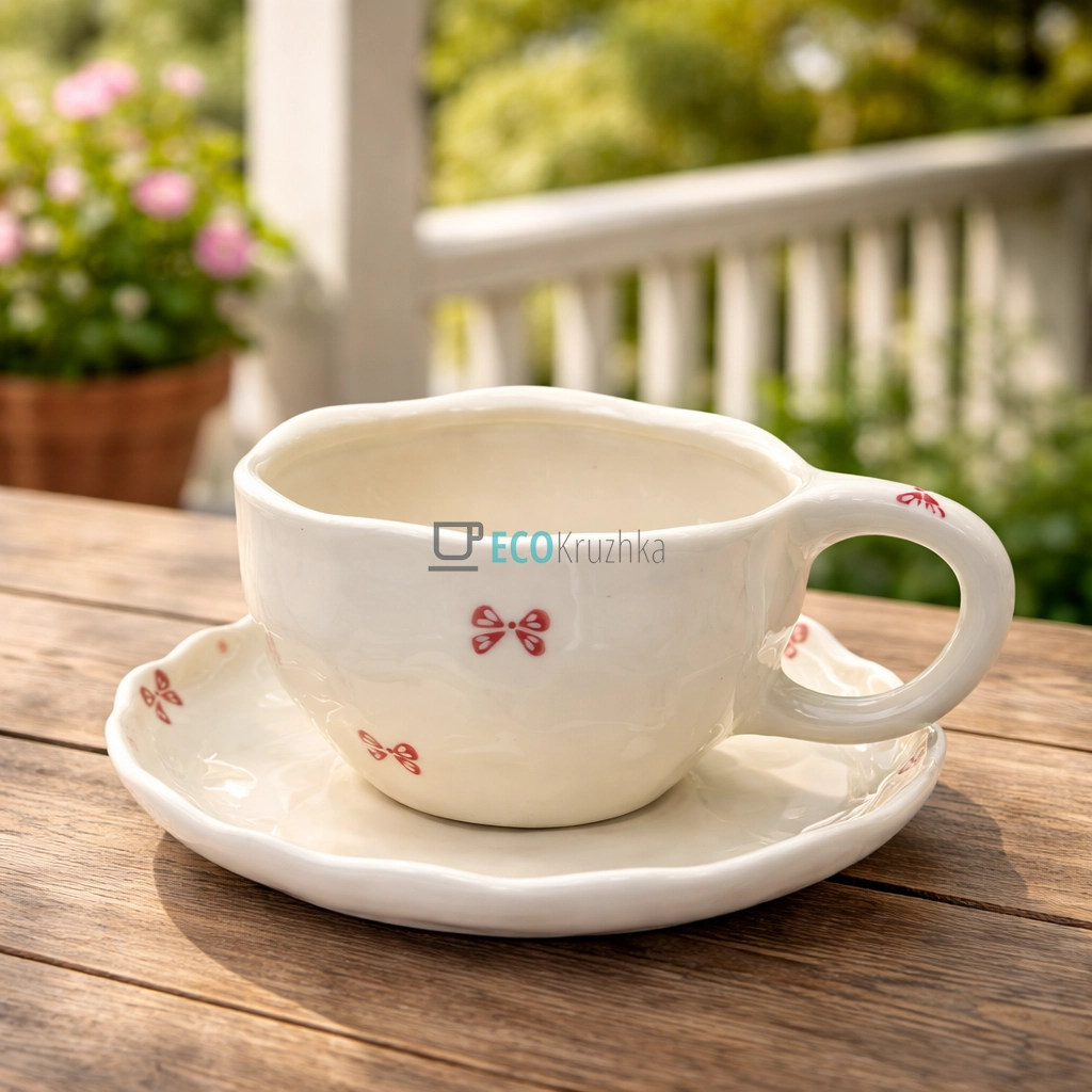 Порцелянова чашка з блюдцем 300 мл Рожевий бантик (8030-414)