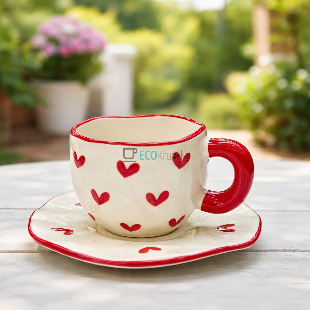 Порцелянова чашка з блюдцем 300 мл Червоні сердечка (8030-407)