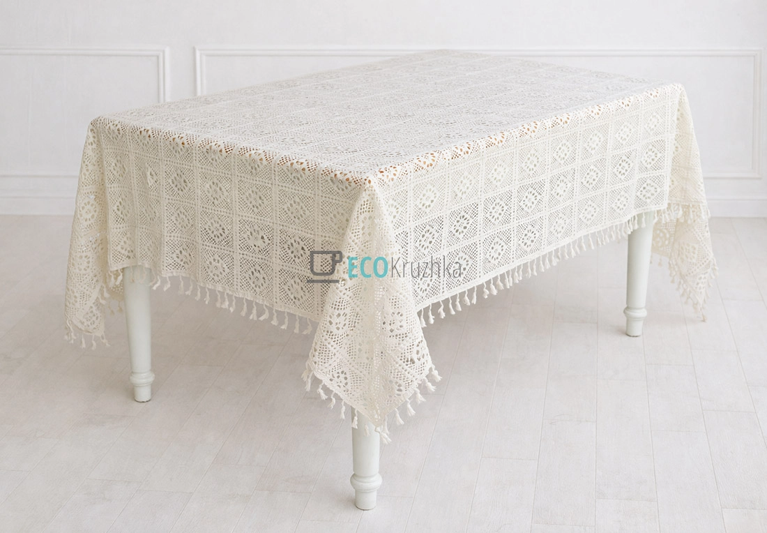 Бавовняна скатертина з в’язаним мереживом і китицями Boho Crochet 150 х 220 см (445-289)