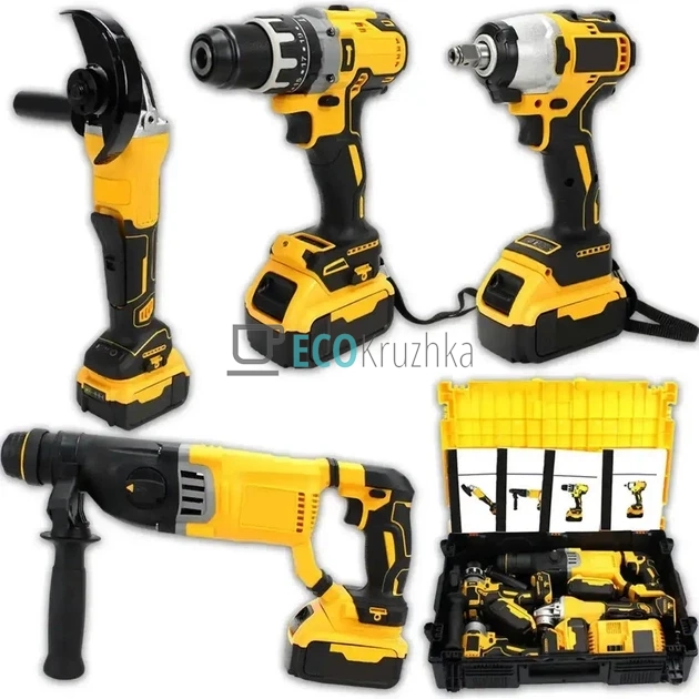 Набір 4в1: шурупокрут, гайковерт, перфоратор, болгарка X337 жовтий (JU-4618)