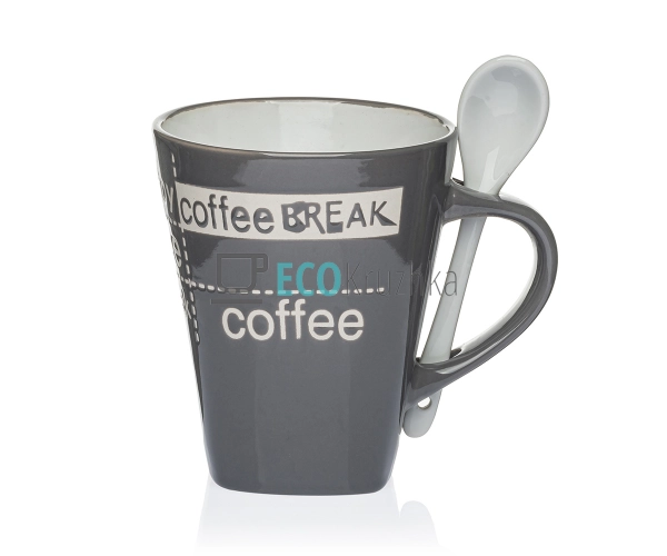 Чашка 310 мл з ложкою Фарфор Coffe Сірий EK14167 Чашка 310 мл з ложкою Фарфор Coffe Сірий EK14167
