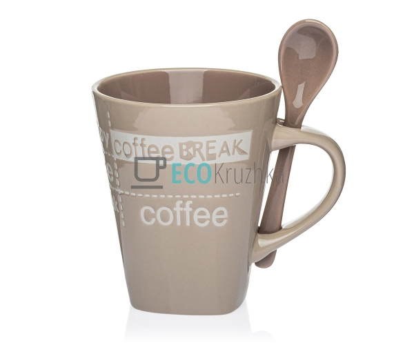 Чашка 310 мл з ложкою Фарфор Coffe Бежевий EK14168 Чашка 310 мл з ложкою Фарфор Coffe Бежевий EK14168