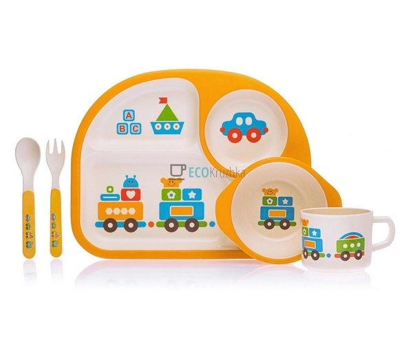 Набір дитячого посуду бамбуковий 5 приладів Машинки Eco ... Набір дитячого посуду бамбуковий 5 приладів Машинки Eco ...