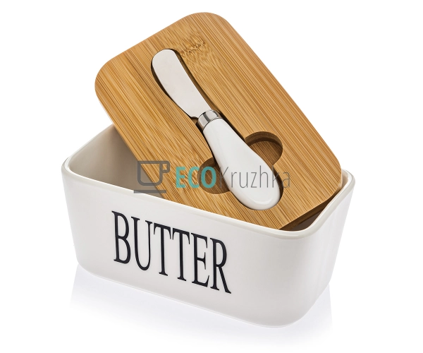 Маслянка керамічна з ножем та бамбуковою кришкою Butter  ...
