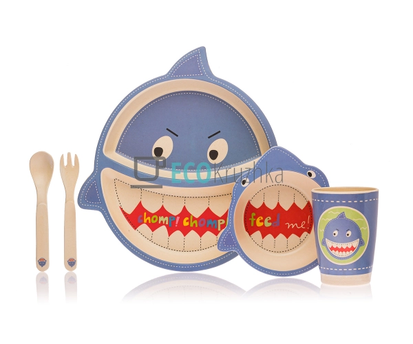 Набір дитячого посуду бамбуковий 5 приладів Акула Eco Ba ... Набір дитячого посуду бамбуковий 5 приладів Акула Eco Ba ...