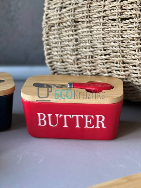 Маслянка керамічна з ножем та бамбуковою кришкою Butter  ...