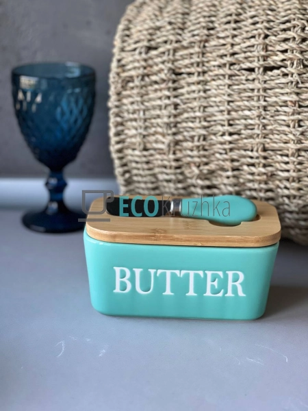Маслянка керамічна з ножем та бамбуковою кришкою Butter  ...