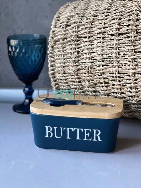 Маслянка керамічна з ножем та бамбуковою кришкою Butter  ...