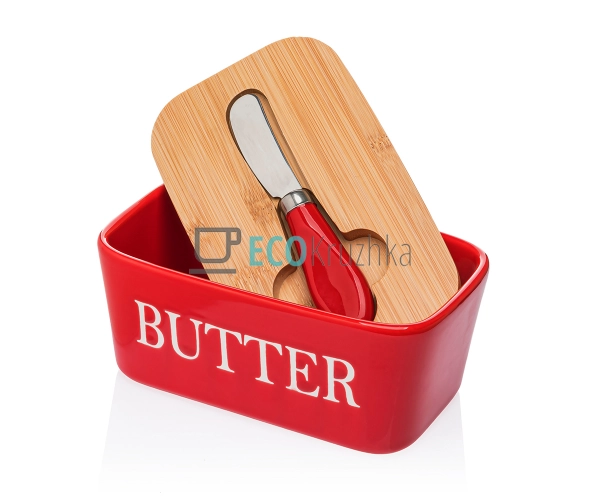 Маслянка керамічна з ножем та бамбуковою кришкою Butter  ...