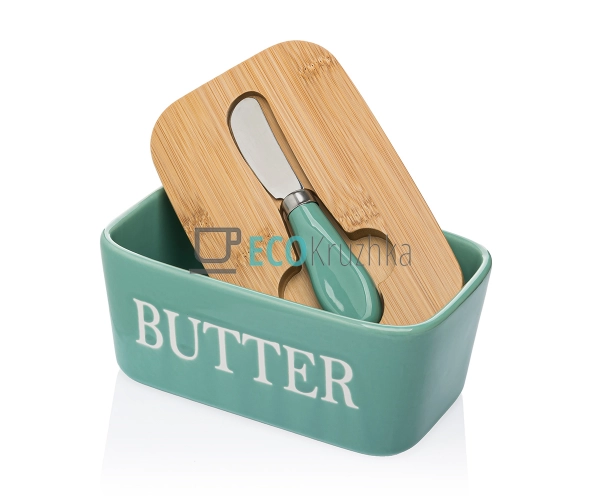 Маслянка керамічна з ножем та бамбуковою кришкою Butter  ...