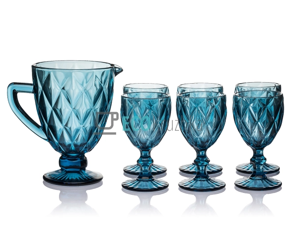 Набір 6 келихів і графин з кольорового скла Блакитний EK ... Набір 6 келихів і графин з кольорового скла Блакитний EK ...