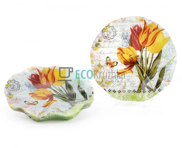 Тарілка скляна кругла 30см Букет тюльпанів 809-245 Тарілка скляна кругла 30см Букет тюльпанів 809-245