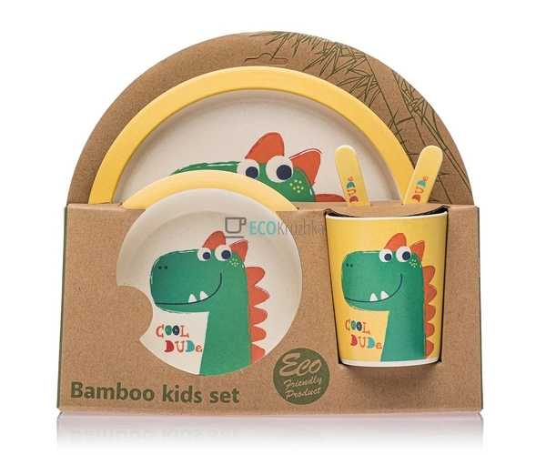 Набір дитячого посуду бамбуковий 5 приладів Динозавр Eco ... Набір дитячого посуду бамбуковий 5 приладів Динозавр Eco ...