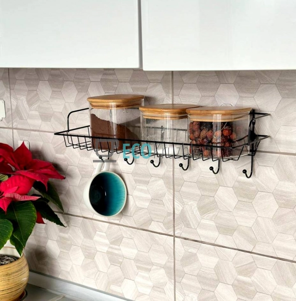 Полиця кухонна настінна 6 гачів 43х14см Чорна (R88700) Полиця кухонна настінна 6 гачів 43х14см Чорна (R88700)