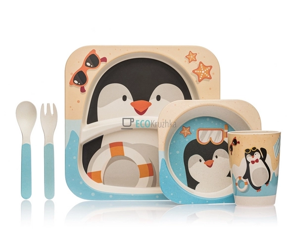 Набір дитячого посуду бамбуковий 5 приладів Пінгвін Eco ... Набір дитячого посуду бамбуковий 5 приладів Пінгвін Eco ...