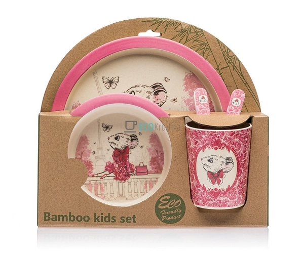 Набір дитячого посуду бамбуковий 5 приладів Мишка Eco Ba ... Набір дитячого посуду бамбуковий 5 приладів Мишка Eco Ba ...