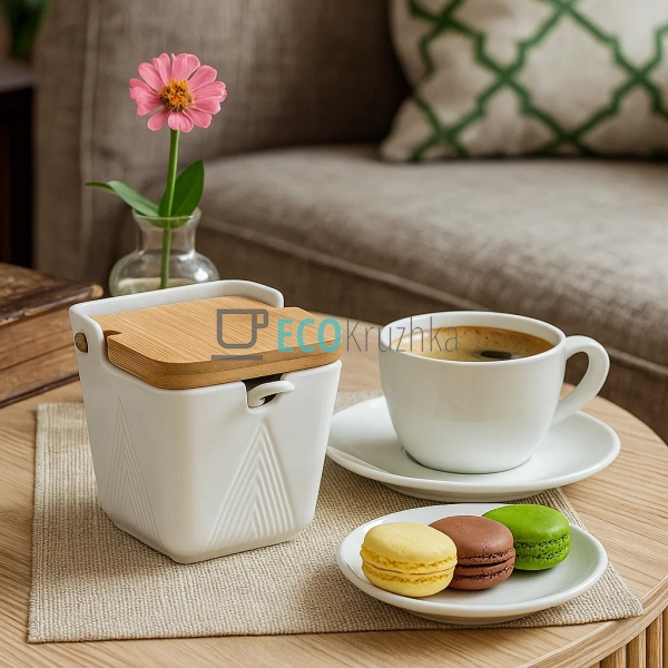 Цукорниця порцелянова з ложкою та бамбуковою кришкою Gra ... Цукорниця порцелянова з ложкою та бамбуковою кришкою Gra ...