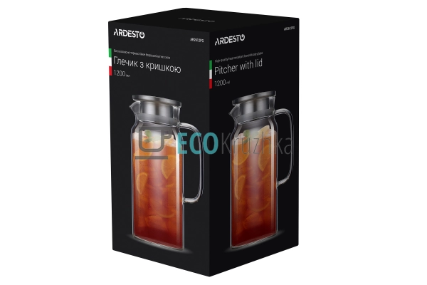 Глечик Ardesto з кришкою, 1200 мл, боросилікатне скло, н ...
