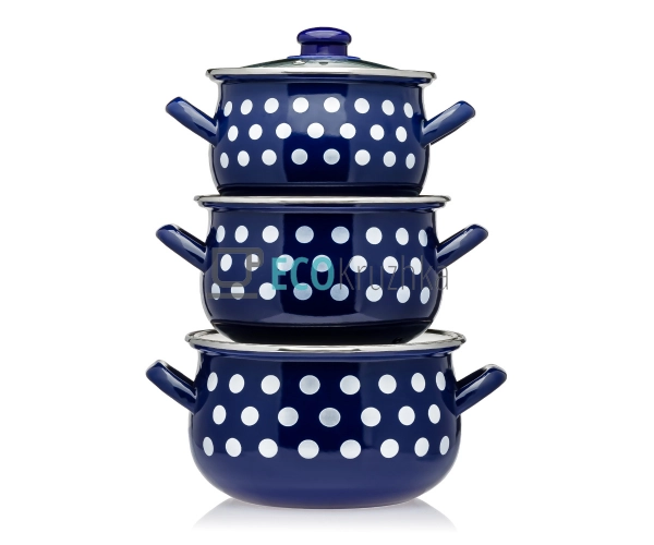 Набір із трьох емальованих кастрюль Синій горох Interos ... Набір із трьох емальованих кастрюль Синій горох Interos ...