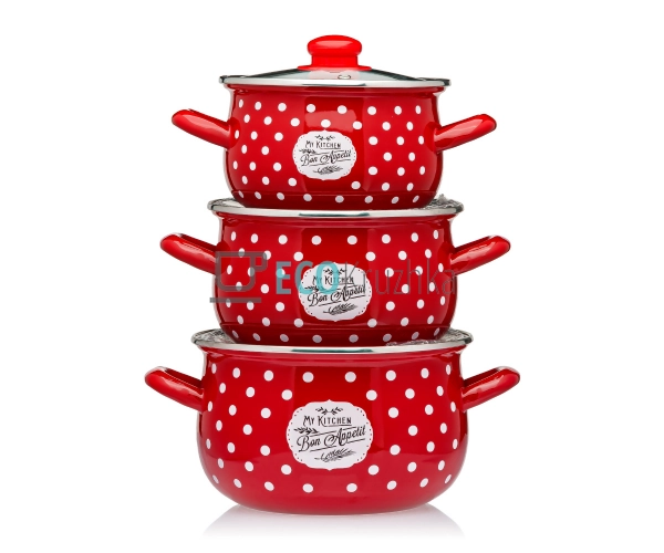 Набір із трьох емальованих кастрюль Червоний горох Inter ... Набір із трьох емальованих кастрюль Червоний горох Inter ...
