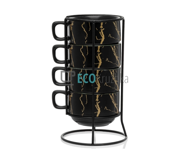 Набір з 4 порцелянових чашок 200 мл на підставці "Мармурова розкіш", чорний із золотом, артикул (805-723) Набір з 4 порцелянових чашок 200 мл на підставці "Мармурова розкіш", чорний із золотом, артикул (805-723)