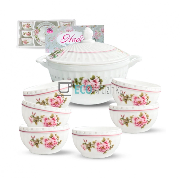Набір суповий 7 предметів Піони (2.5 л, 740 мл) Склокераміка Білий (202095) Набір суповий 7 предметів Піони (2.5 л, 740 мл) Склокераміка Білий (202095)
