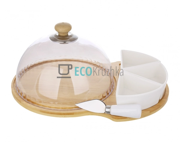 Набір для сиру з ножем, трьома піалками та прозорою криш ... Набір для сиру з ножем, трьома піалками та прозорою криш ...