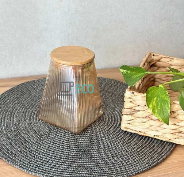Скляна конусна банка 750мл Ребриста з бамбуковою кришкою ...
