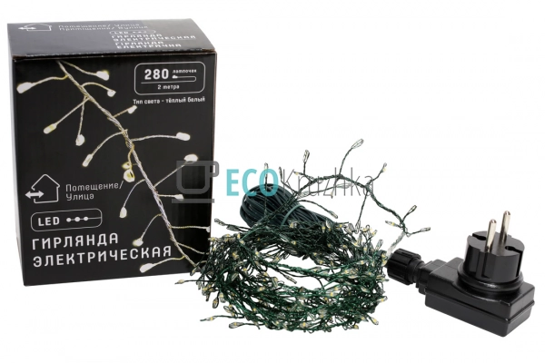 Гірлянда-кластер 280 LED, теплий білий, 1 лінія 2 м, зел ... Гірлянда-кластер 280 LED, теплий білий, 1 лінія 2 м, зел ...