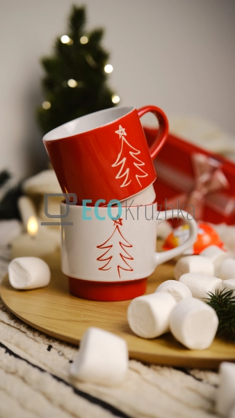 Набір порцелянових кухлів "Ялинка", 400 мл, Червоний з б ... Набір порцелянових кухлів "Ялинка", 400 мл, Червоний з б ...