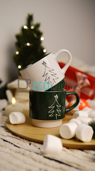 Набір порцелянових кухлів "Ялинка", 400 мл, зелений з бі ... Набір порцелянових кухлів "Ялинка", 400 мл, зелений з бі ...