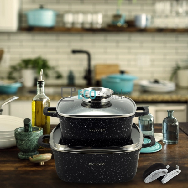 Набір квадратних каструль з кришками 5 предметів + прихв ... Набір квадратних каструль з кришками 5 предметів + прихв ...