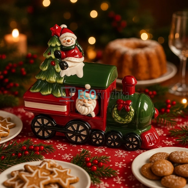 Керамічна банка для солодощів "Санта і Сніговик на поїзд ... Керамічна банка для солодощів "Санта і Сніговик на поїзд ...