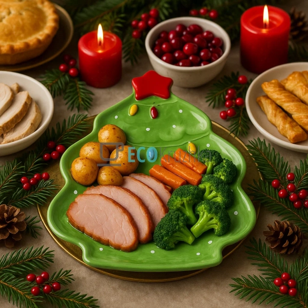 Новорічна керамічна тарілка у формі ялинки з об