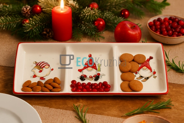 Новорічна керамічна менажниця з гномами та пряниками, 3- ... Новорічна керамічна менажниця з гномами та пряниками, 3- ...