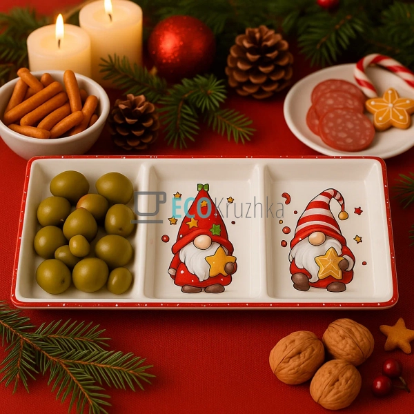 Новорічна керамічна менажниця з гномами та пряниками 28× ... Новорічна керамічна менажниця з гномами та пряниками 28× ...