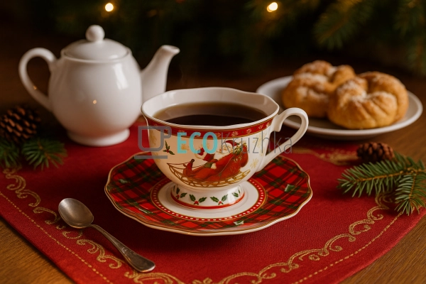 Різдвяна порцелянова чашка з блюдцем 170 мл – червона, п ...