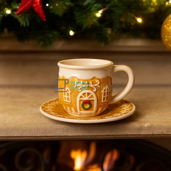 Новорічна керамічна чашка з блюдцем у вигляді пряниковог ... Новорічна керамічна чашка з блюдцем у вигляді пряниковог ...