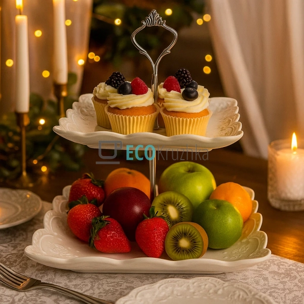 Двоярусна порцелянова етажерка 37 см — біла квадратна Ме ... Двоярусна порцелянова етажерка 37 см — біла квадратна Ме ...