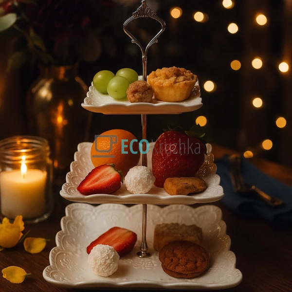 Триярусна порцелянова етажерка 37 см — біла квадратна Ме ... Триярусна порцелянова етажерка 37 см — біла квадратна Ме ...