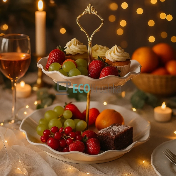 Етажерка порцелянова двоярусна Монстера 24 см — біла під ... Етажерка порцелянова двоярусна Монстера 24 см — біла під ...