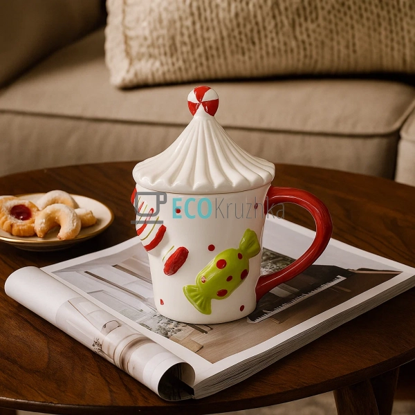 Керамічна кружка з кришкою “Цукерки” 400 мл – подарунков ...