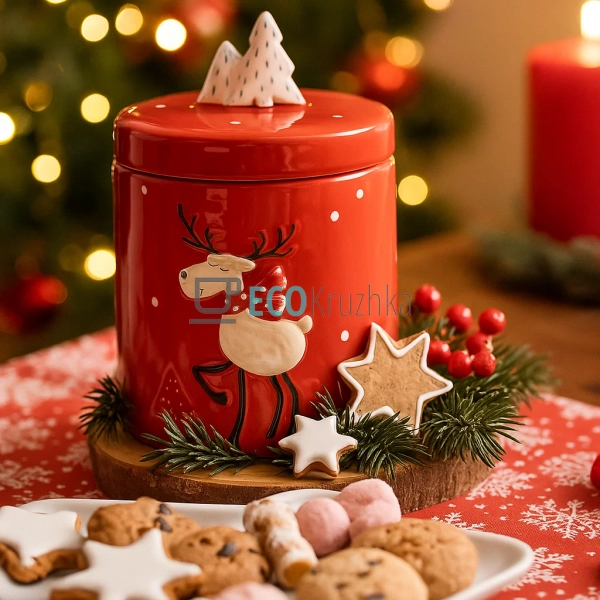 Новорічна керамічна банка з оленем 670 мл – червона Bona ... Новорічна керамічна банка з оленем 670 мл – червона Bona ...