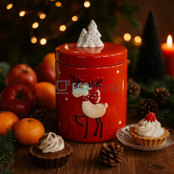 Новорічна керамічна банка з оленем 670 мл – червона Bona ... Новорічна керамічна банка з оленем 670 мл – червона Bona ...