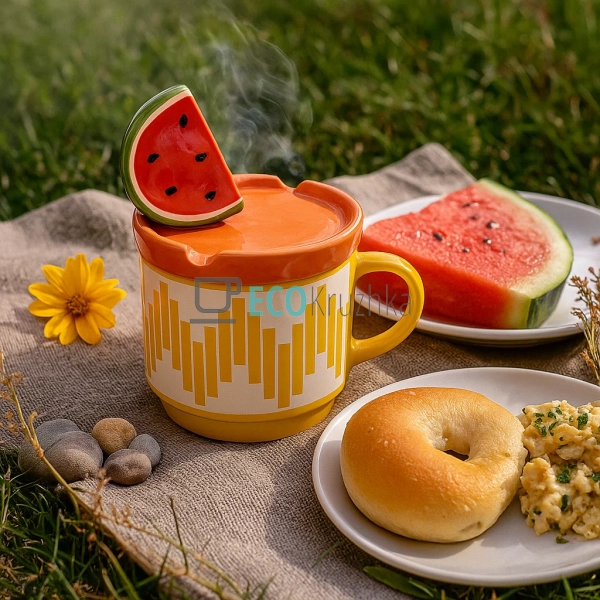 Порцелянова кружка "Кавун" з кришкою та підставкою для т ... Порцелянова кружка "Кавун" з кришкою та підставкою для т ...