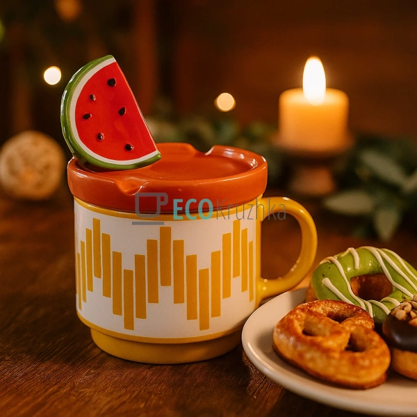 Порцелянова кружка "Кавун" з кришкою та підставкою для т ... Порцелянова кружка "Кавун" з кришкою та підставкою для т ...