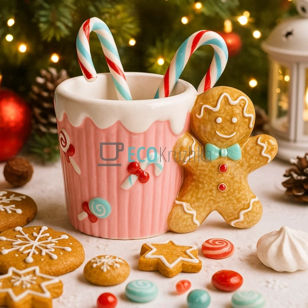 Новорічний кухоль з пряниковим чоловічком 390 мл – черво ...