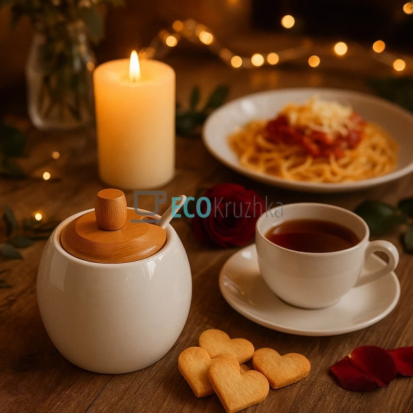 Цукорниця порцелянова 300 мл з бамбуковою кришкою та лож ... Цукорниця порцелянова 300 мл з бамбуковою кришкою та лож ...